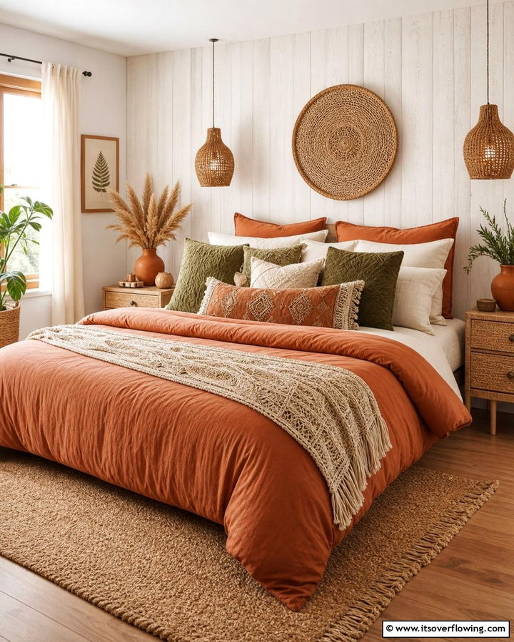Burnt Orange Bedding with Earthy Accents - 20 Boho Burnt Orange Bedroom Ideas for a Warm Ambiance