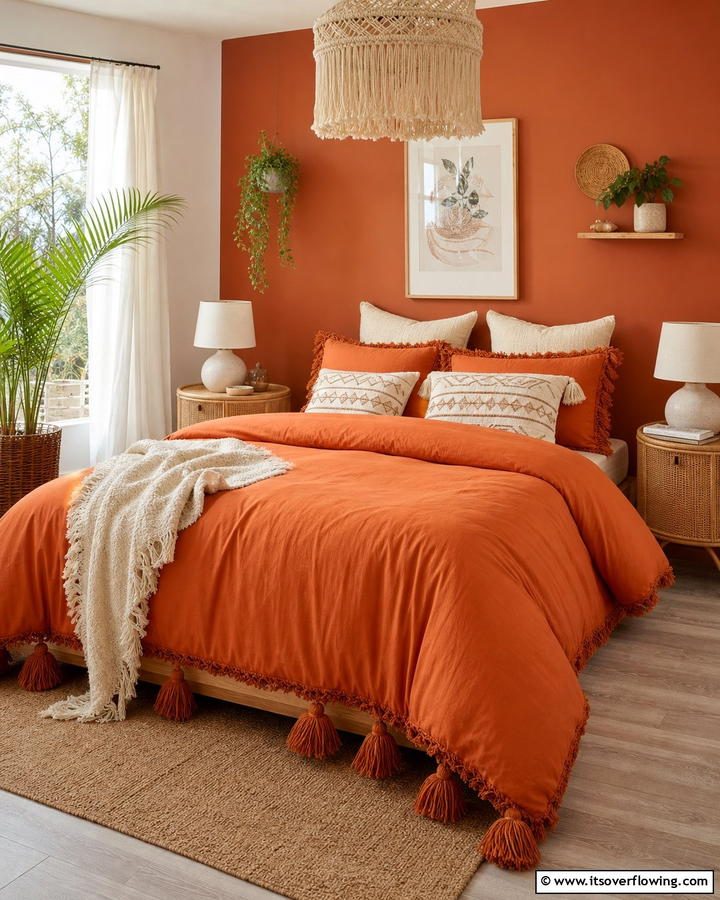 Burnt Orange Bedding with Tassels - 20 Boho Burnt Orange Bedroom Ideas for a Warm Ambiance