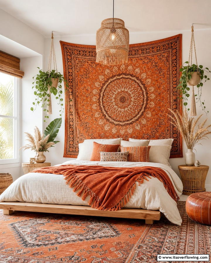 Burnt Orange Boho Tapestry - 20 Boho Burnt Orange Bedroom Ideas for a Warm Ambiance