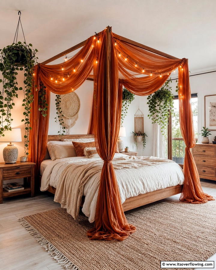 Burnt Orange Canopy Bed - 20 Boho Burnt Orange Bedroom Ideas for a Warm Ambiance