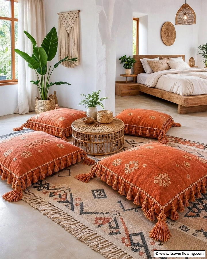 Burnt Orange Floor Cushions - 20 Boho Burnt Orange Bedroom Ideas for a Warm Ambiance