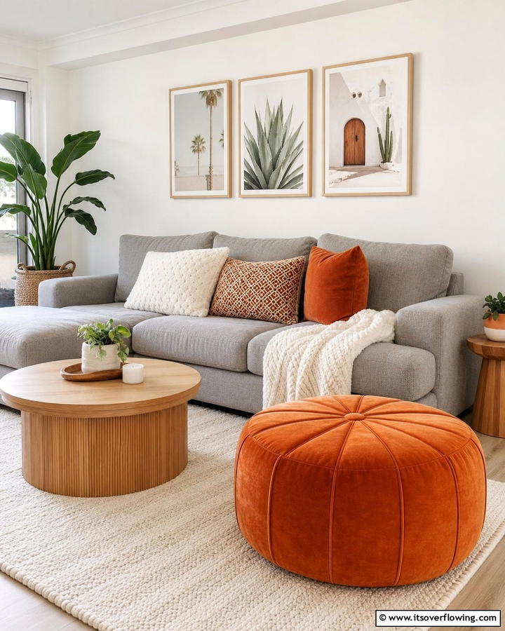 Burnt Orange Pouf or Ottoman - 25 Burnt Orange Living Room Ideas for a Warm Ambiance