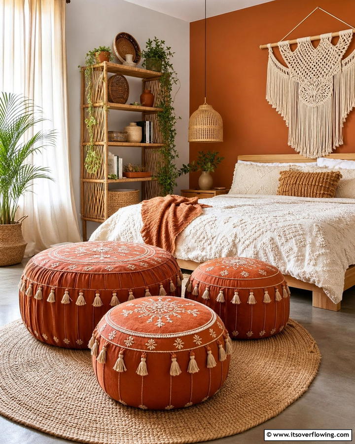 Burnt Orange Poufs and Ottomans - 20 Boho Burnt Orange Bedroom Ideas for a Warm Ambiance