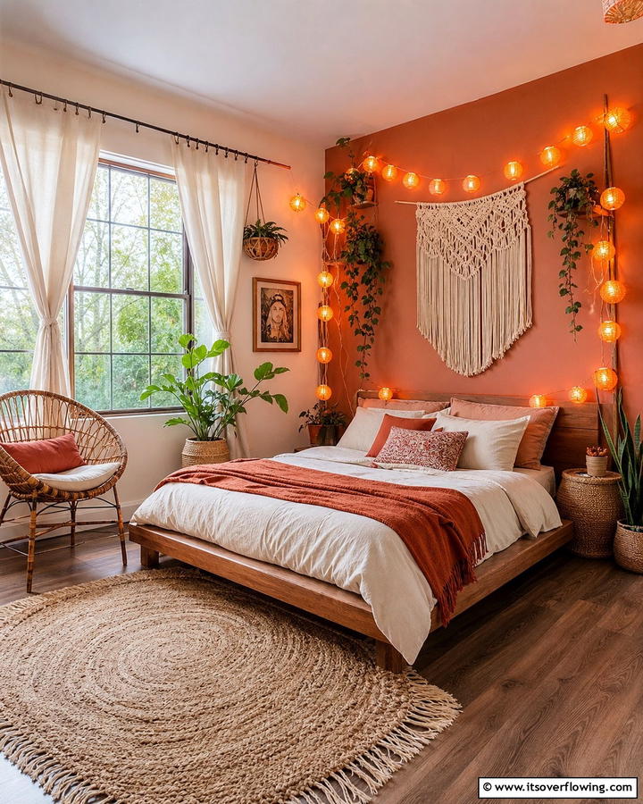 Burnt Orange String Lights - 20 Boho Burnt Orange Bedroom Ideas for a Warm Ambiance