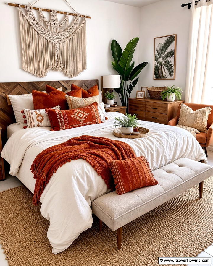 Burnt Orange Throw Pillows - 20 Boho Burnt Orange Bedroom Ideas for a Warm Ambiance
