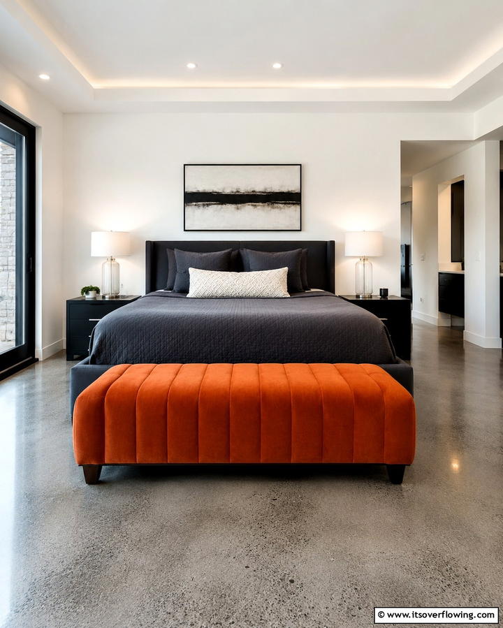 Burnt Orange Upholstered Bench - 30 Warm Burnt Orange Bedroom Designs for Cozy Autumn Vibes