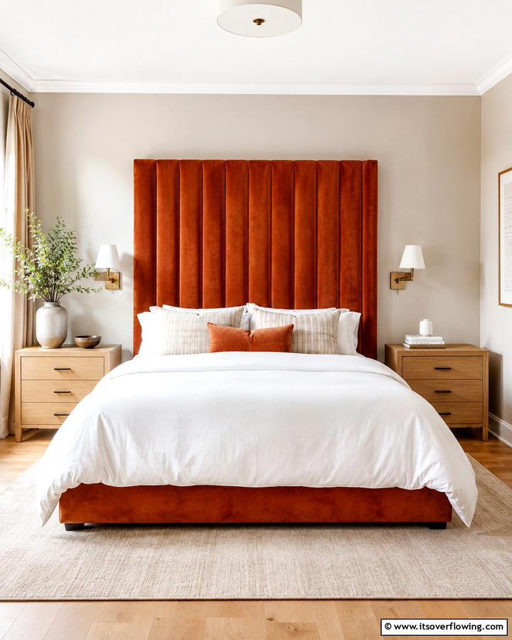 Burnt Orange Upholstered Headboard - 30 Warm Burnt Orange Bedroom Designs for Cozy Autumn Vibes
