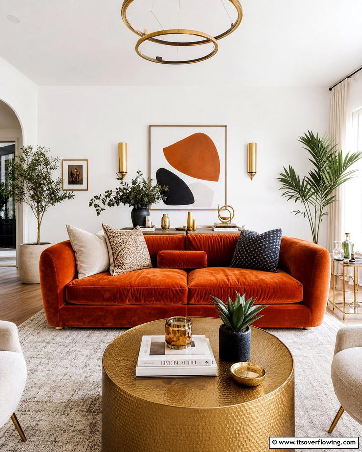 Burnt Orange Velvet SofaOne - 25 Burnt Orange Living Room Ideas for a Warm Ambiance