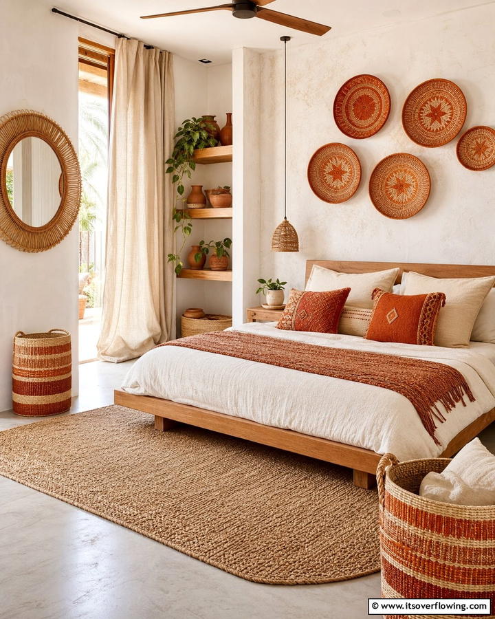 Burnt Orange Woven Basket Decor - 20 Boho Burnt Orange Bedroom Ideas for a Warm Ambiance