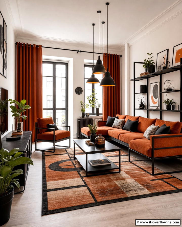 Burnt Orange and Black Accents - 25 Burnt Orange Living Room Ideas for a Warm Ambiance