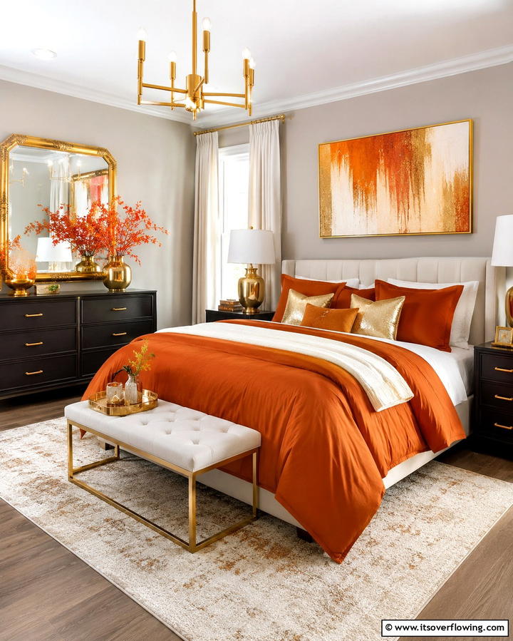 Burnt Orange and Gold Accents - 30 Warm Burnt Orange Bedroom Designs for Cozy Autumn Vibes