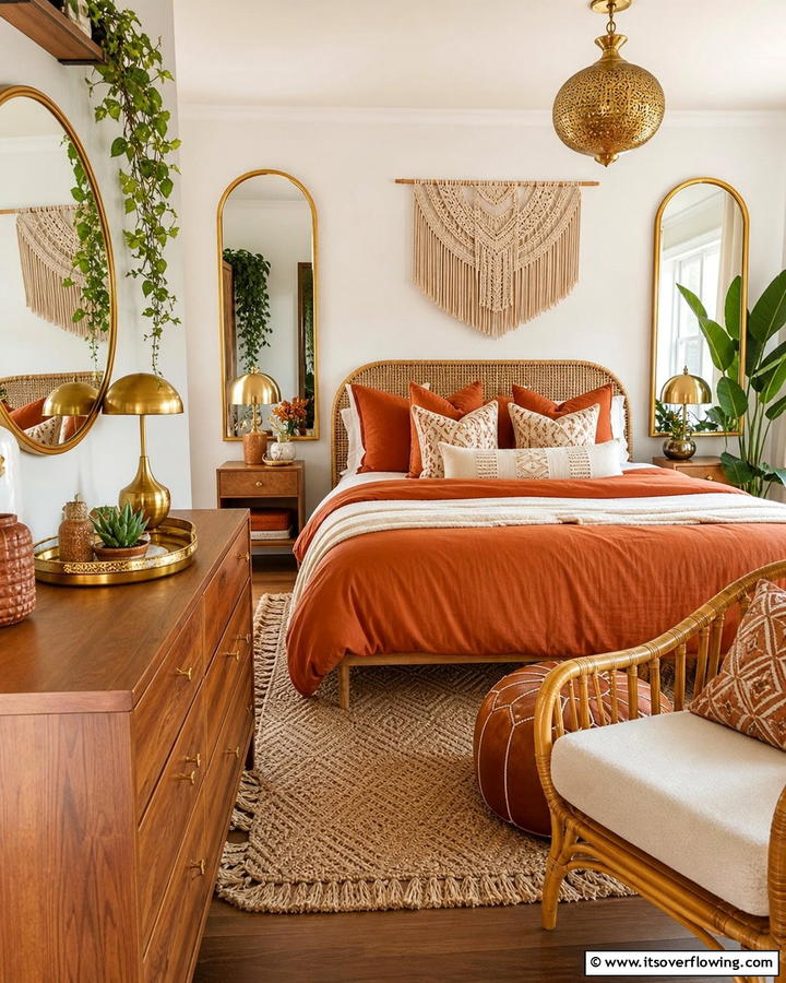 Burnt Orange and Gold Accents - 20 Boho Burnt Orange Bedroom Ideas for a Warm Ambiance