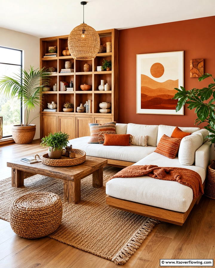 Burnt Orange and Natural Wood Elements - 25 Burnt Orange Living Room Ideas for a Warm Ambiance