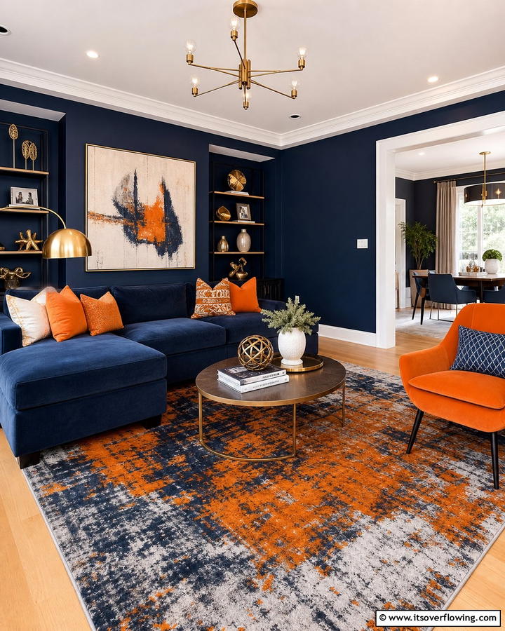 Burnt Orange and Navy Blue Contrast - 25 Burnt Orange Living Room Ideas for a Warm Ambiance