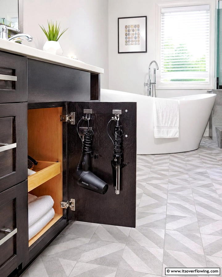 Cabinet Door Hooks for Hair Tools - 30 Bathroom Cabinet Organizing Ideas for Clutter-Free Spaces