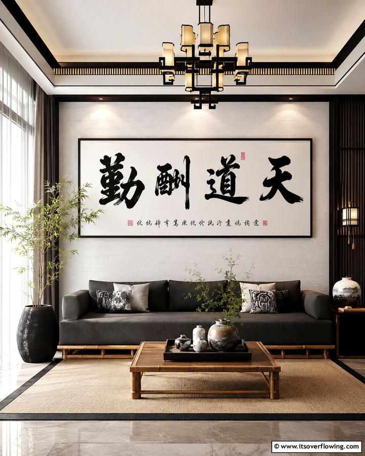 Calligraphy Wall Art - 25 Asian Living Room Ideas for a Zen Atmosphere