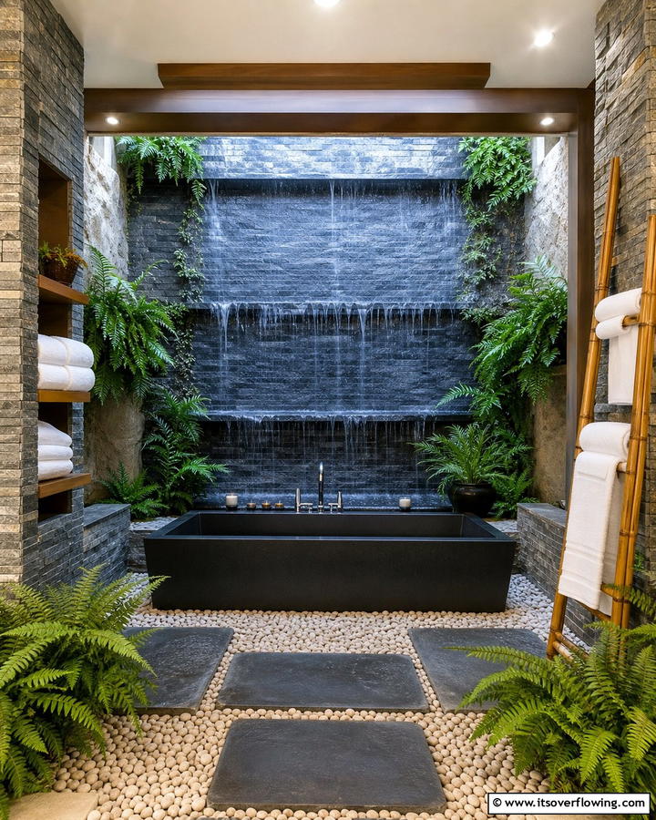 Calming Waterfalls to Soothe Stress - 30 Serene Spa Decor Ideas for a Relaxing Bathroom Retreat