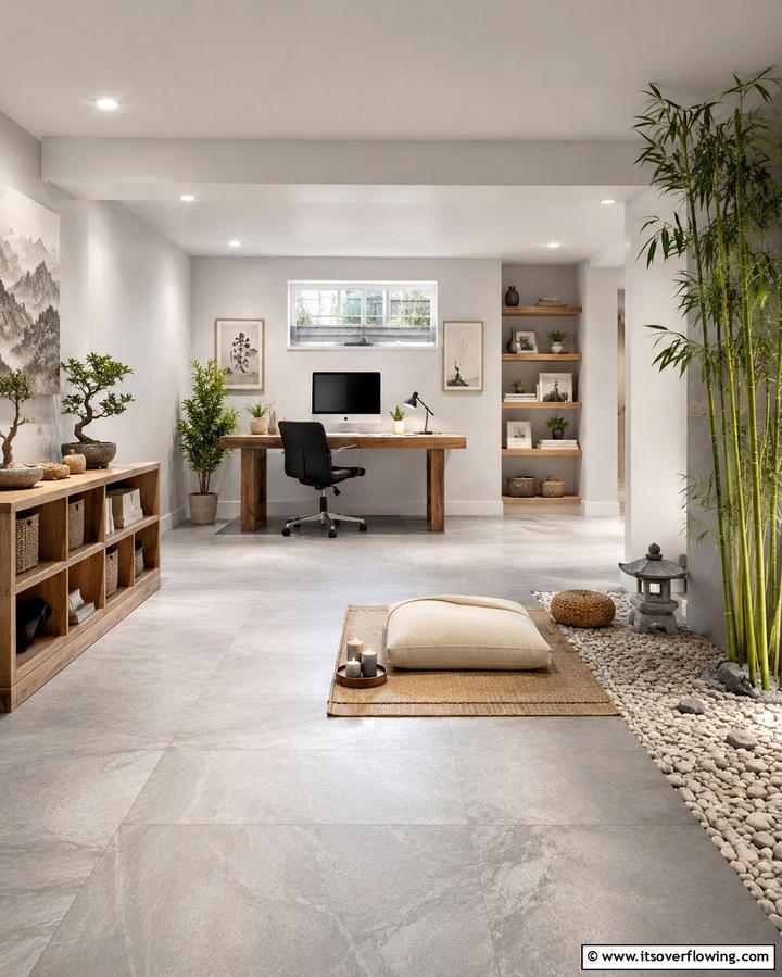 Calming Zen Work Space - 30 Basement Office Ideas for Productive Below-Ground Workspaces