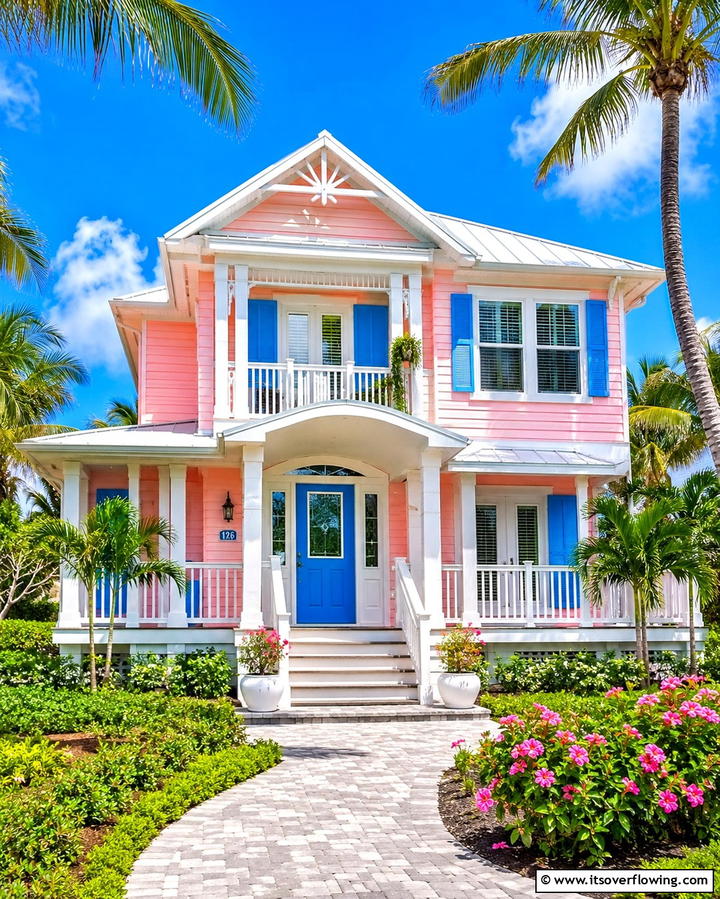 Candy Pink with White and Blue Details - 25 Pink House Exterior Ideas for a Charming Look