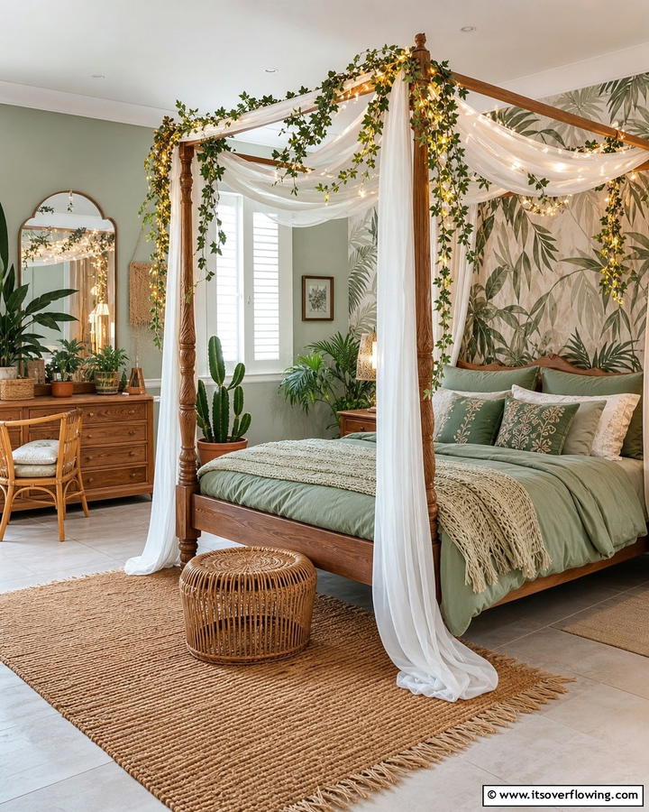 Canopy Bed Frame - 20 Green Boho Bedroom Ideas for a Relaxing Retreat