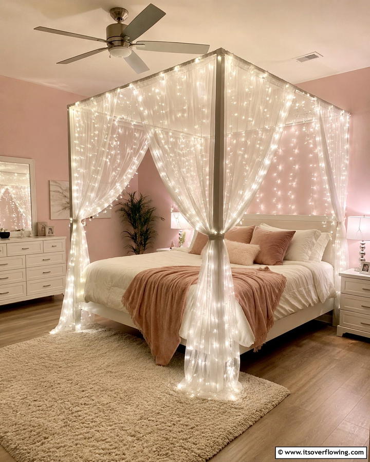 Canopy Bed with Cascading Lights - 30 Enchanting Fairy-Themed Bedroom Designs for Whimsical Spaces