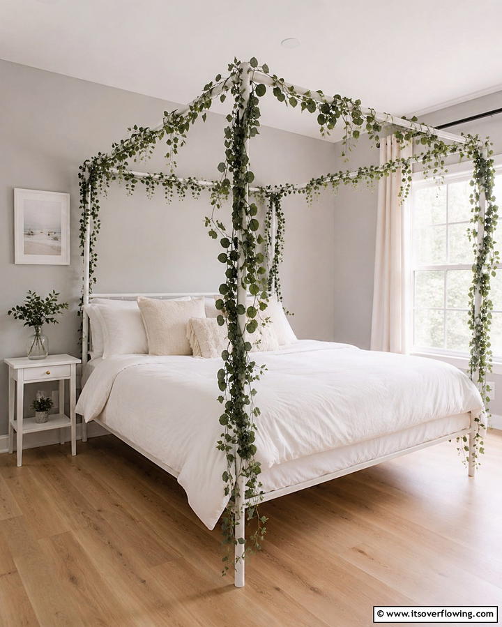 Canopy Bed with Draped Greens - 30 Forest-Themed Bedroom Ideas for Nature-Inspired Retreats