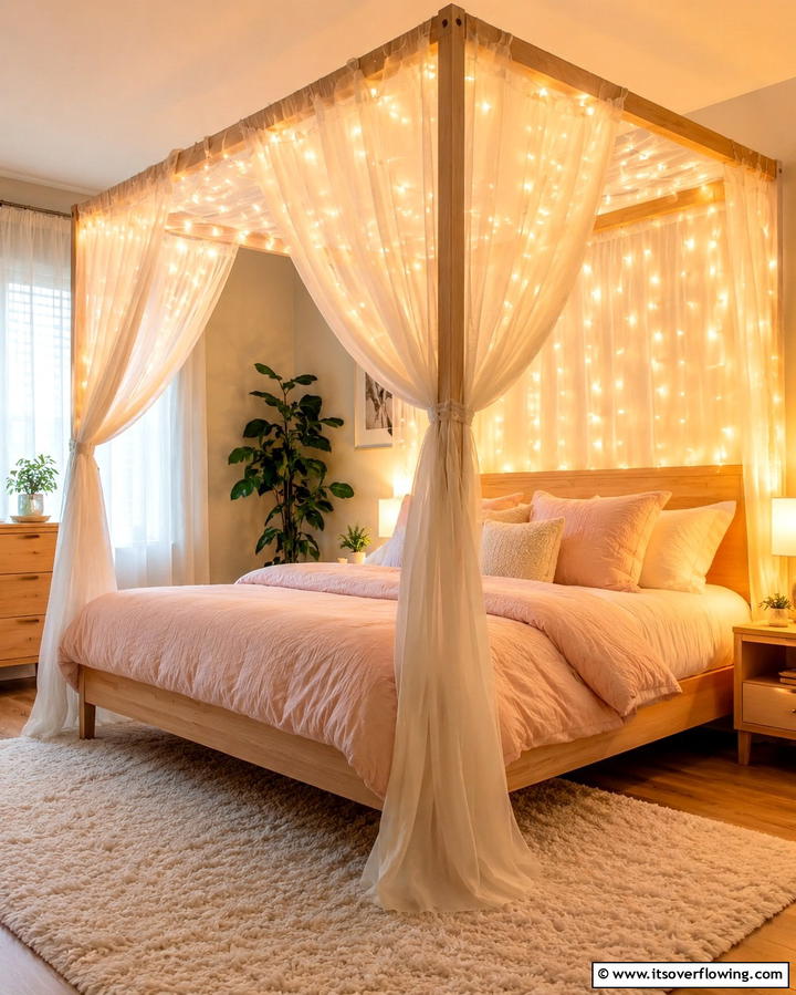 Canopy Bed with Twinkling Lights - 30 Enchanting Fairy-Themed Bedroom Designs for Whimsical Spaces