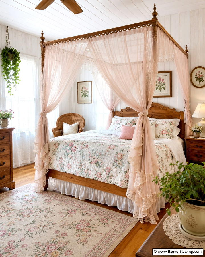 Canopy Beds with Sheer Curtains - 25 Cottagecore Bedroom Ideas- Cozy & Rustic Designs