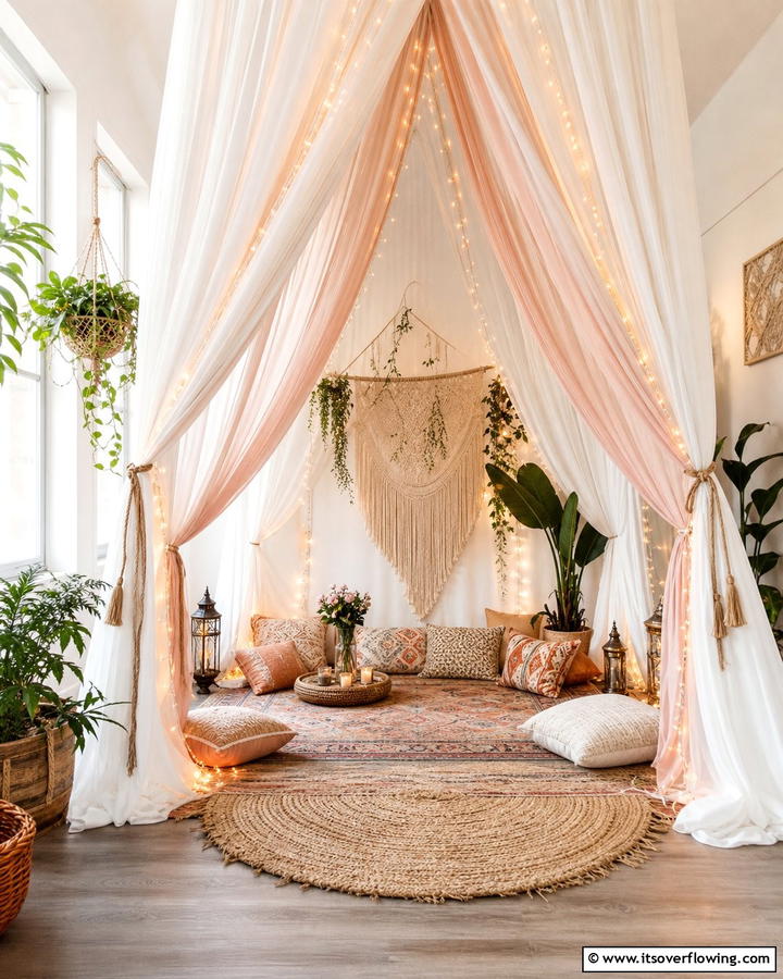 Canopy Drapes for a Cozy Nook - 20 Boho Meditation Room Ideas- Tranquil Retreats