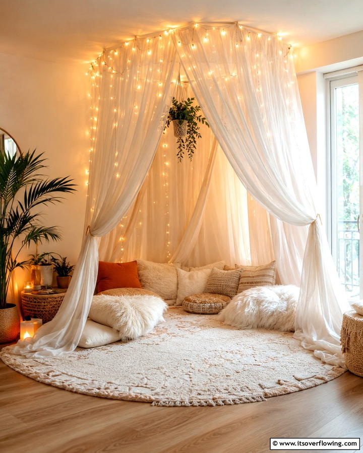 Canopy Elements for a Dreamy Feel - 25 Moody Boho Living Room Ideas for a Cozy Vibe