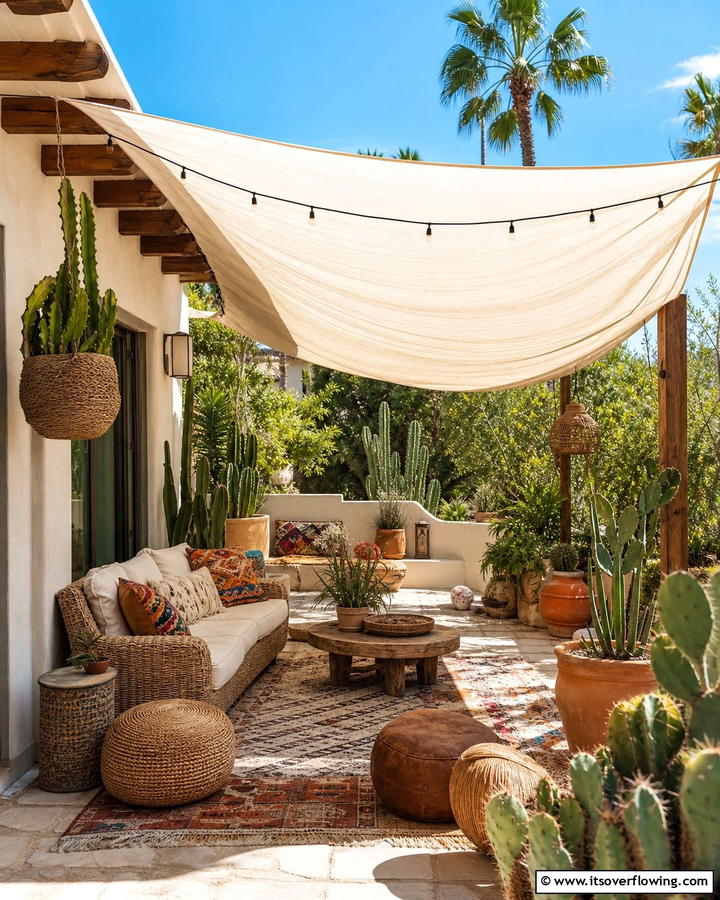 Canopy or Shade Sails - 25 Cozy Boho Patio Ideas for Relaxing Outdoor Spaces