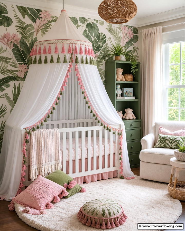 Canopy with Pink and Green Tassels - 20 Pink and Green Nursery Ideas for a Sweet Retreat