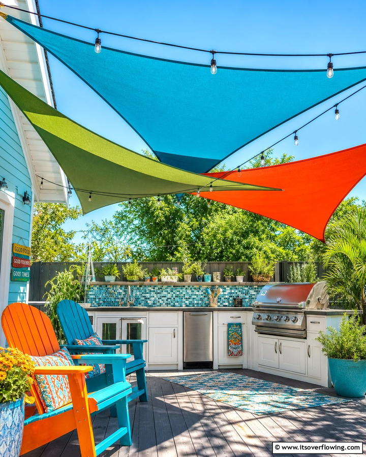 Canvas Shade Sail for a Casual Look - 20 Outdoor Kitchen Roof Ideas for Year-Round Enjoyment