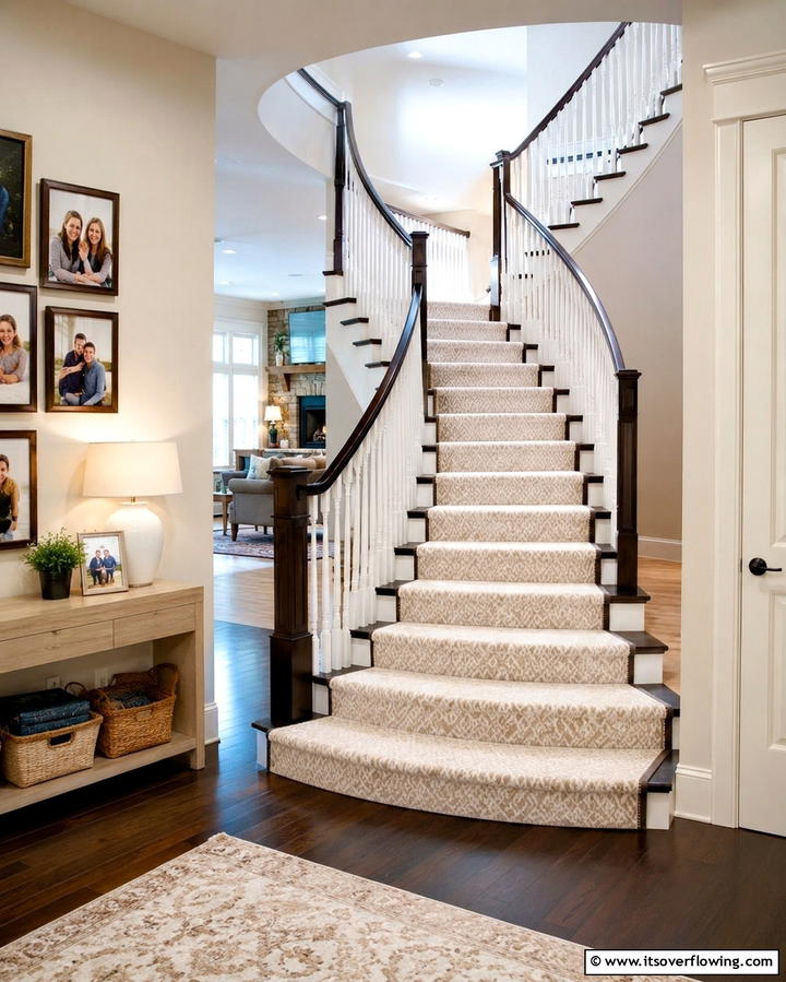 Carpeted Comfort - 30 Elegant Curved Staircase Designs to Elevate Your Home’s Style