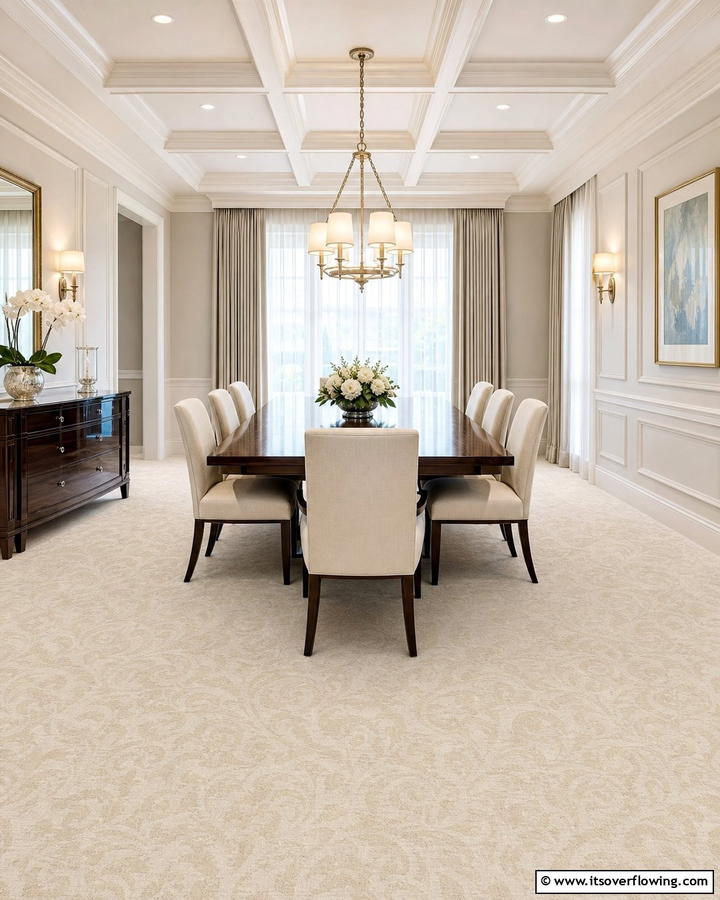 Carpeting with Subtle Patterns for Elegance - 20 Cozy Carpeted Dining Room Ideas for Comfort