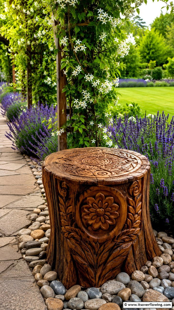 Carved Design Feature - 21 Creative Tree Stump Decorating Ideas for Rustic Accents