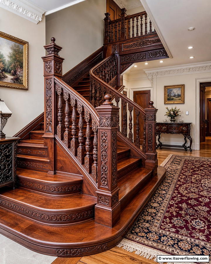 Carved Detailing - 30 Wooden Staircase Ideas for Modern and Rustic Homes