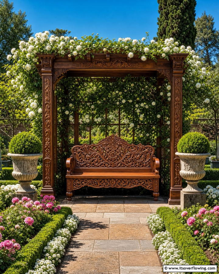 Carved Garden Bench with Intricate Details - 30 Charming Garden Bench Ideas for Relaxing Outdoor Spaces