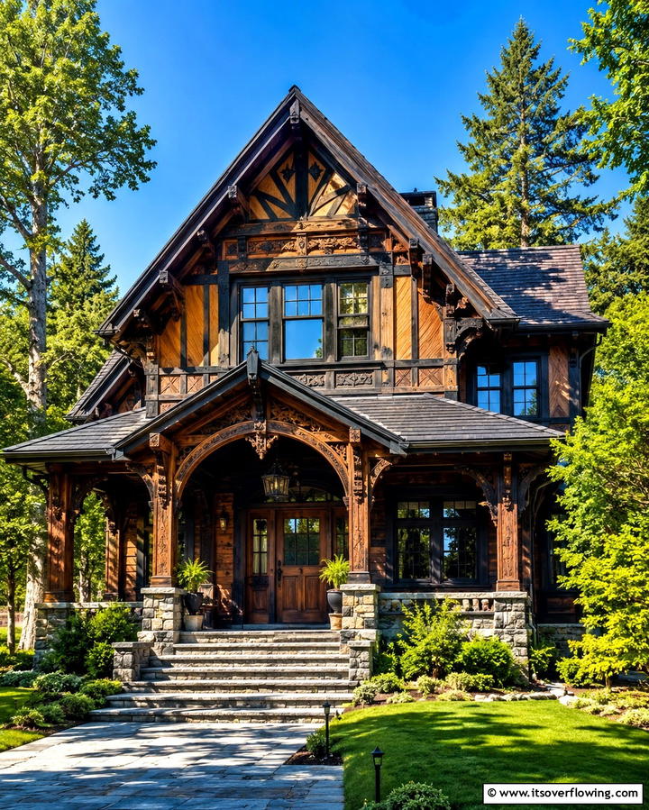 Carved Oak Detailing - 30 Brown Exterior House Color Ideas for Warm Curb Appeal