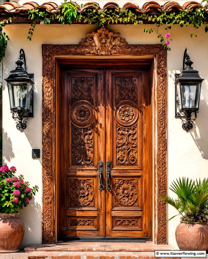 Carved Wooden Details - 25 Spanish Style Front Door Ideas for Curb Appeal