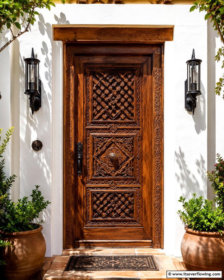 Carved Wooden Doors with Intricate Patterns - 25 Spanish Style Front Door Ideas for Curb Appeal