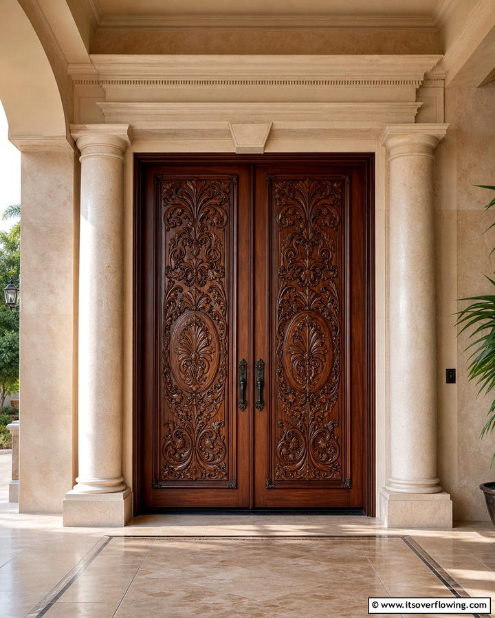 Carved Wooden Doors with Intricate Patterns - 25 Mediterranean Front Door Ideas for a Warm Welcome