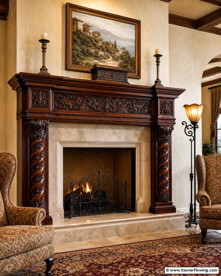 Carved Wooden Mantel - 25 Spanish Style Fireplace Ideas for Cozy Living Spaces