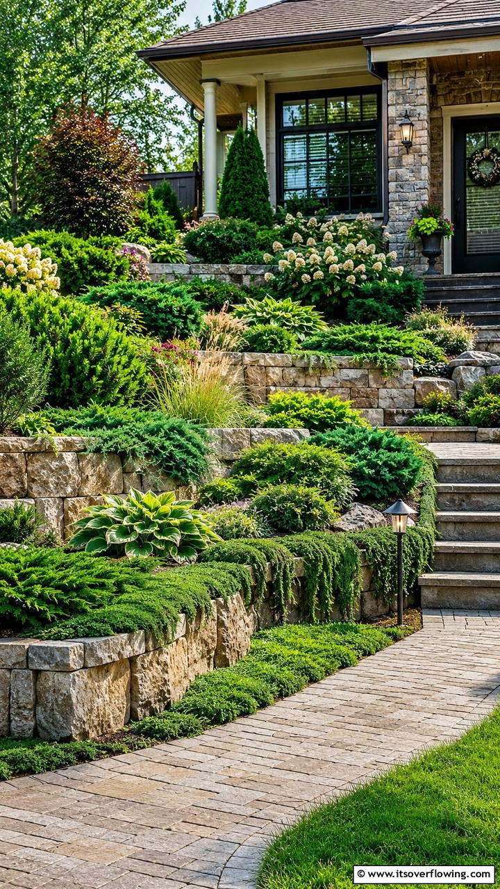 Cascading Green Terraces - 30 Front Yard Evergreen Landscaping Ideas for Year-Round Beauty