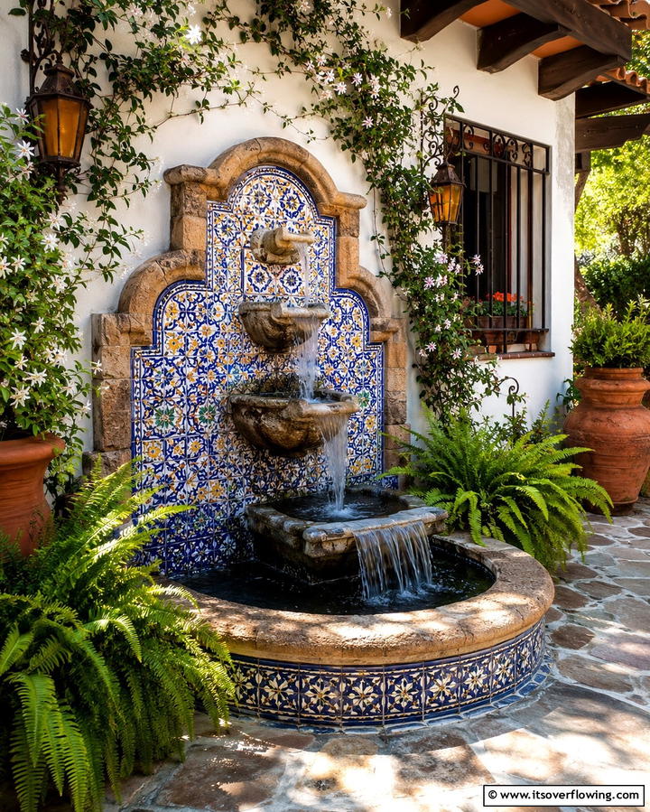 Cascading Water Features - 30 Spanish Style Front Porch Ideas for Mediterranean Charm