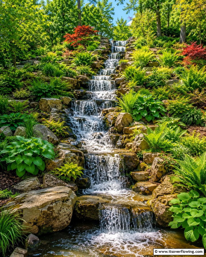 Cascading Waterfall Features - 30 Hillside Landscaping Ideas for Sloped Yards