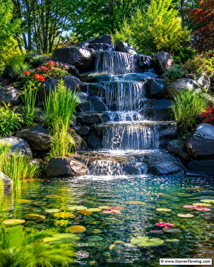 Cascading Waterfall Rock Arrangement - 30 Natural Black River Rock Landscaping Ideas for Texture