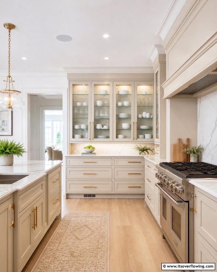 Cashmere and Glass Cabinet Doors - 20 Luxurious Cashmere Kitchen Ideas for a Cozy Feel