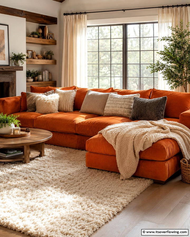 Casual Comfort with Layered Textures - 25 Orange Couch Living Room Ideas for a Vibrant Space