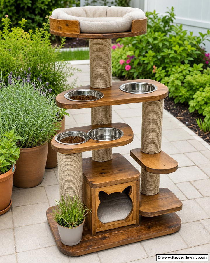 Cat Tree with Built In Feeding Stations - 20 Outdoor Cat Tree Ideas for Your Feline Friends